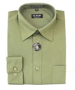Mens Dress Shirt Plain Olive Green Modern Fit Wrinkle-Free Cotton Blend Milani | eBay