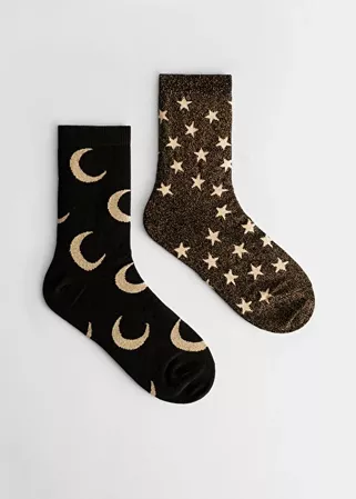 Mismatch Glitter Moon Star Socks - Black Gold - Socks - & Other Stories