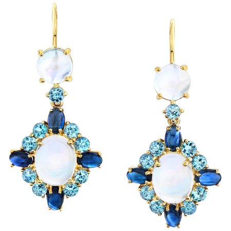 Moonstone, Aquamarine, Sapphire, Yellow Gold French Wire Dangle Drop Earrings For Sale at 1stDibs
