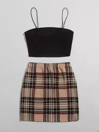 Plus Cami Top & Plaid Skirt Set | SHEIN USA