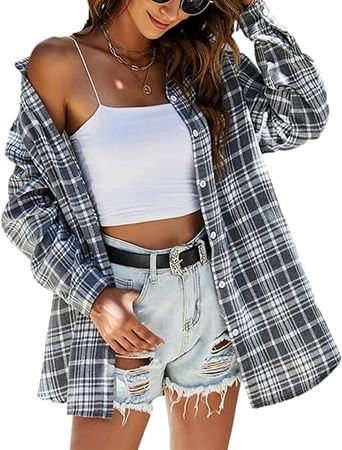 Wanzetaly Casual Flannel Plaid Shirts for Women Oversized Long Sleeve Button Down Shirt Blouse Tops(0080-Grey-XXL) at Amazon Women’s Clothing store