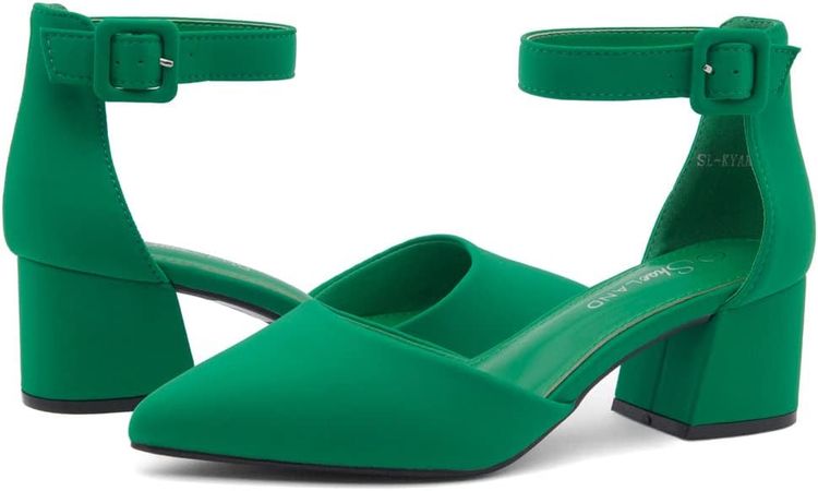 Amazon.com | Shoe Land Womens SL-Kyana Pointed Toe Low Chunky Heel Pumps Ankle Strap Block Heeled Dress Shoes, Green, Size 9.0 | Pumps
