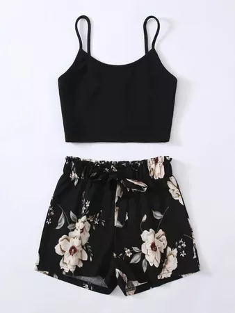 black Crop Cami Top & Floral Shorts Set | SHEIN USA