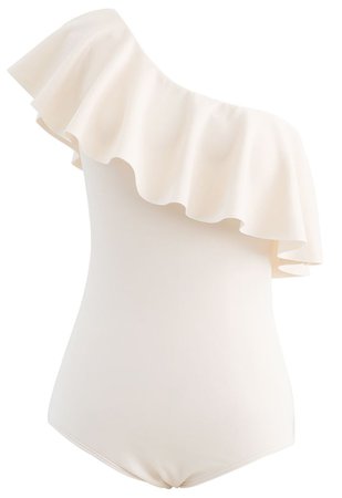 Oblique Shoulder Ruffle Trim One-Piece Swimsuit - Retro, Indie and Unique Fashion
