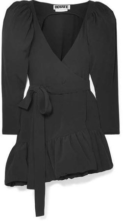 Asymmetric Crepe Wrap Mini Dress - Black