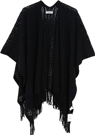 Knit Shawl Wrap for Women - Soul Young Ladies Fringe Knitted Poncho Blanket Cardigan Cape(One Size,Black) at Amazon Women’s Clothing store