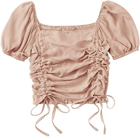 Amazon.com: SheIn Women's Puff Short Sleeve Square Neck Shirred Drawstring Crop Blouse Top Pink Small: Clothing
