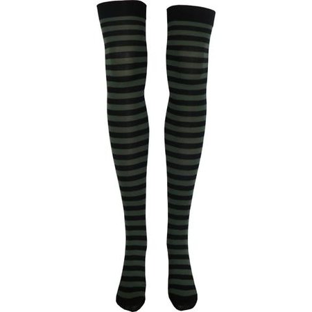 Stripe Opaque Thigh High Socks in Black and Olive - Poppysocks