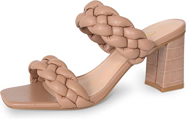 Amazon.com | Athlefit Women's Braided Heels Square Toe Strappy Braided Sandals Slides Slip On Woven Block Nude Heels Size 7.5 | Shoes