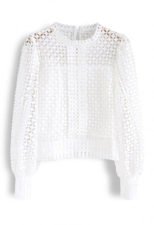 Full Crochet Puff Sleeves Crop Top in White - NEW ARRIVALS - Retro, Indie and Unique Fashion