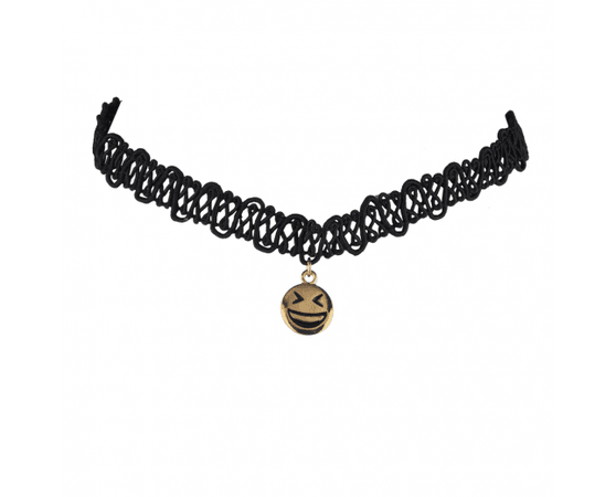 Black Lace Gold Tone Emoji Scrunch Smiley Face Choker Necklace