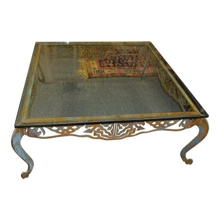 Vintage Square Aqua / Rust Patina Open Weave Iron/Metal Framed Coffee Table | Chairish