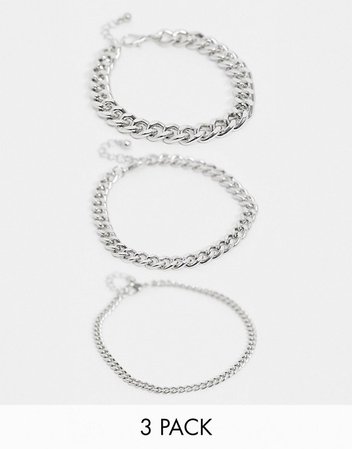ASOS DESIGN pack of 3 anklets in mixed size curb chains in silver tone | ASOS