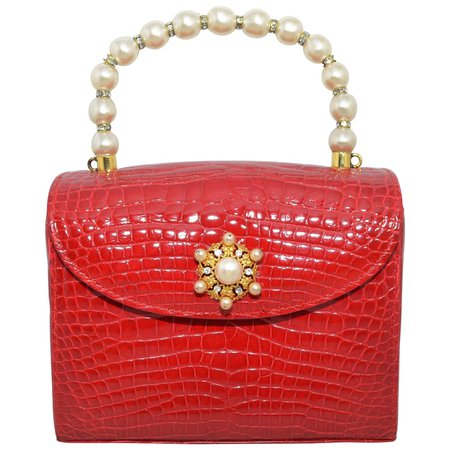 Lana Marks Red Alligator Purse with Pearl Handle For Sale at 1stDibs