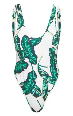 Green Palm Print Low Back Swimsuit | Swimwear | PrettyLittleThing