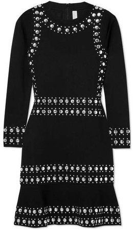 Stud-embellished Stretch-knit Mini Dress - Black