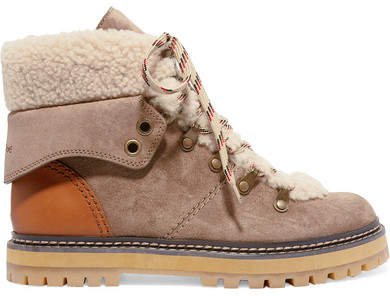 Shearling And Leather-trimmed Suede Ankle Boots - Taupe