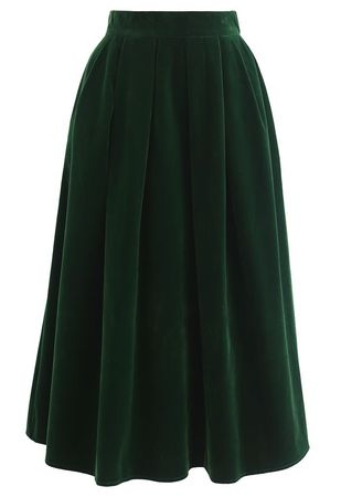 Velvet Sheen Pleated Midi Skirt in Emerald - Retro, Indie and Unique Fashion
