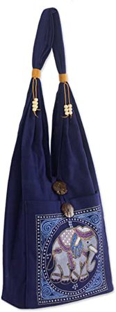 NOVICA Dark Blue Handmade Embroidered Shoulder Bag, Lucky Elephant