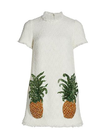 Oscar de la Renta Pineapple-Embroidered Tweed Shift Dress