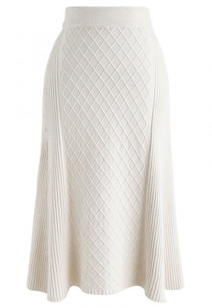 Diamond Shape A-Line Ribbed Knit Midi Skirt in Cream - Skirt - BOTTOMS - Retro, Indie and Unique Fashion