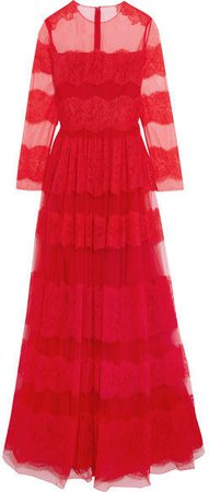Paneled Chantilly Lace And Tulle Gown - Red