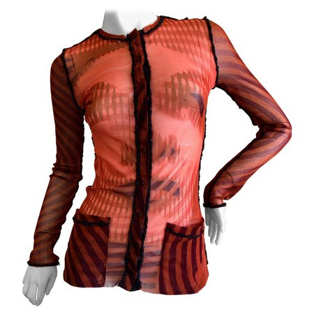 Jean Paul Gaultier Vintage Red Face Print Sheer Snap Front Cardigan For Sale at 1stdibs