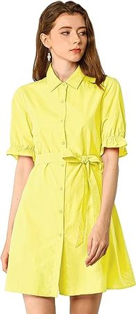 Allegra K Women's 2023 Summer Ruffled Short Sleeve Cotton Solid Color Belted Button Down Shirt Dress at Amazon Women’s Clothing store