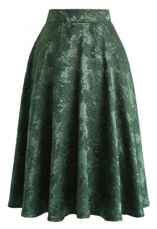 Emerald Floral Jacquard Midi Skirt - NEW ARRIVALS - Retro, Indie and Unique Fashion