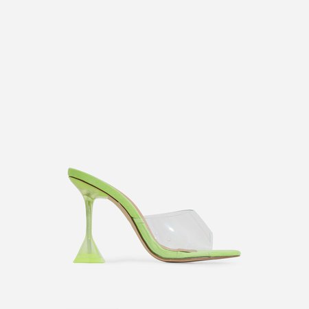 Lila Square Toe Perspex Heel Mule In Lime Green Faux Suede | EGO