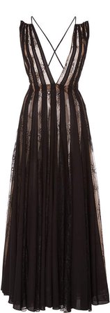 Lace-Paneled Pleated Chiffon Maxi Dress Size: 2