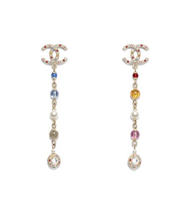 Earrings, metal, natural stones, glass pearls & strass, gold, multicolor, pearly white & crystal - CHANEL