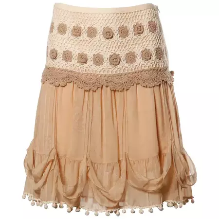 Blumarine Nude Silk Skirt with Crochet + Pom Pom Detail For Sale at 1stDibs | blumarine skirt, blumarine ss02, blumarine silk skirt