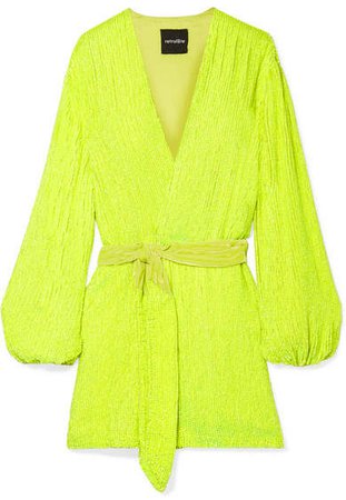 Gabrielle Velvet-trimmed Sequined Chiffon Mini Wrap Dress - Yellow