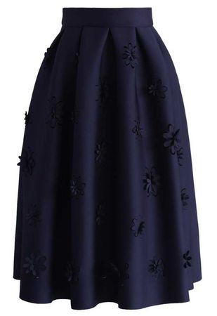 Falling Flowers Airy Pleated Midi Skirt in Navy - Retro, Indie and Unique Fashion