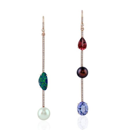 18kt Rose Gold Pave Diamond Drop Dangle Earring Opal Pearl & Tourmaline | Artisan | Wolf & Badger
