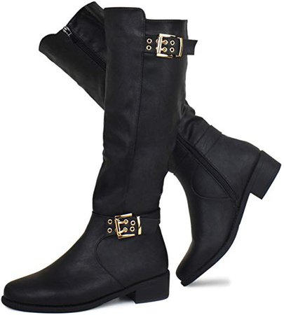 Amazon.com | Prime Shoes - Strappy Buckle Knee High Boots - Comfortable Zipper Low Stacked Heel Boots | Knee-High