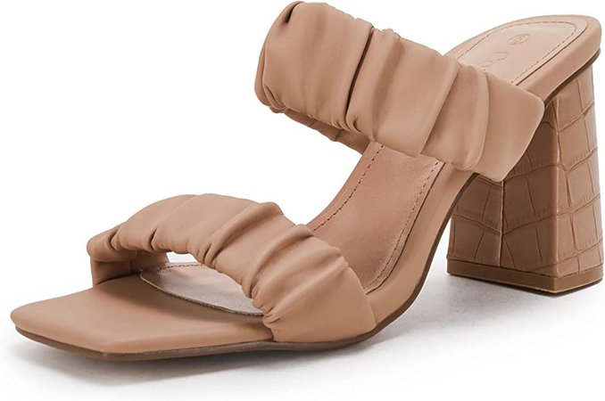 Amazon.com | Womens Ruched Slides Sandals Square Open Toe Chunky Block Heeled Double Elastic Strap Slip On Backless Summer Shoes | Heeled Sandals