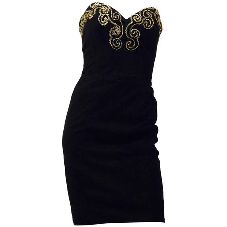 80s Black Suede Strapless Cocktail Dress with Gold Metal Embellishment For Sale at 1stDibs | suede cocktail dress
