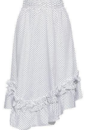 Asymmetric Ruffle-trimmed Polka-dot Cotton-poplin Skirt