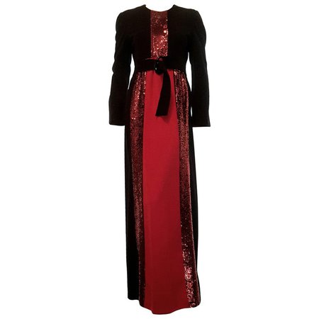 Galanos Black and Red Long Sleeve Sequin Gown