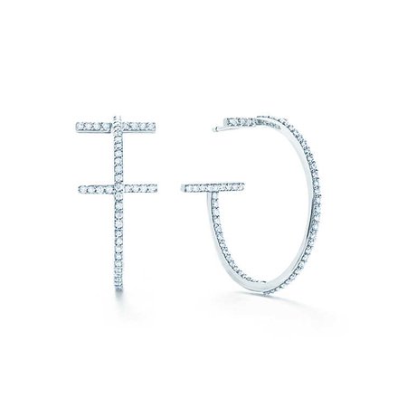 Tiffany T wire hoop earrings in 18k white gold with diamonds, medium. | Tiffany & Co.