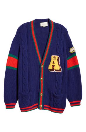 Gucci Wool Cable Knit Varsity Cardigan | Nordstrom