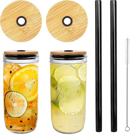 Amazon.com: Mason Jar with Lid and Straw, 24oz Wide Mouth Mason Jar Drinking Glasses Tumbler, Black Silicone Sleeve Bamboo Lid, Reusable Boba Cups Travel Bottle for Iced Coffee Large Pearl Juices Cocktail : Home & Kitchen