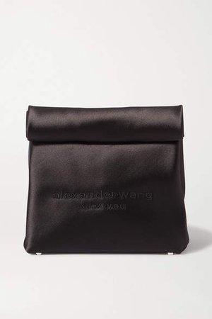 Lunch Bag Embroidered Satin Clutch - Black