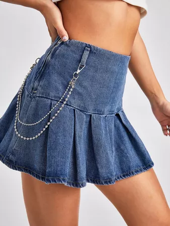 Chain Detail Pleated Denim Skirt | SHEIN USA