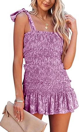 Fazortev Womens Summer Ruffle Smocked Mini Dress Sleeveless Floral Print Tiered Tie Slim Fit Short Dresses at Amazon Women’s Clothing store