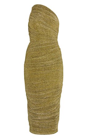 Gold Glitter Plisse Ruched One Shoulder Midi Dress | PrettyLittleThing USA