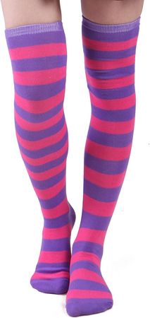 Women’s Extra Long Striped Socks Over Knee High Opaque Stockings (Purple & Pink)