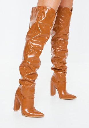 Tan Block Heel Faux Leather Thigh High Boots | Missguided